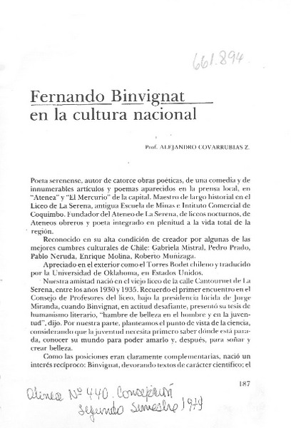 Fernando Binvignat en la cultura nacional  [artículo] Alejandro Covarrubias Z.