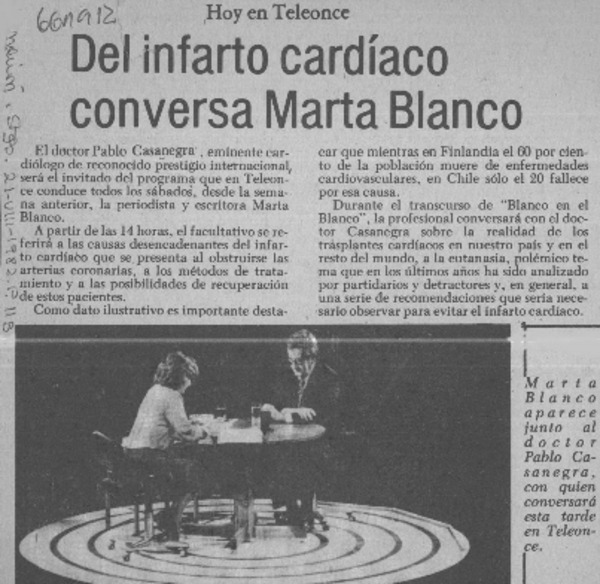 Del infarto cardíaco conversa Marta Blanco.  [artículo]