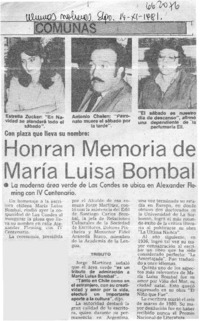 Honran memoria de María Luisa Bombal.  [artículo]