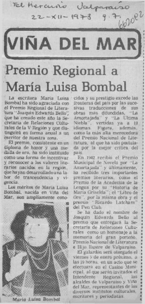 Premio regional a María Luisa Bombal.  [artículo]