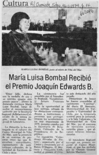 María Luisa Bombal recibió el Premio Joaquín Edwards B.  [artículo]