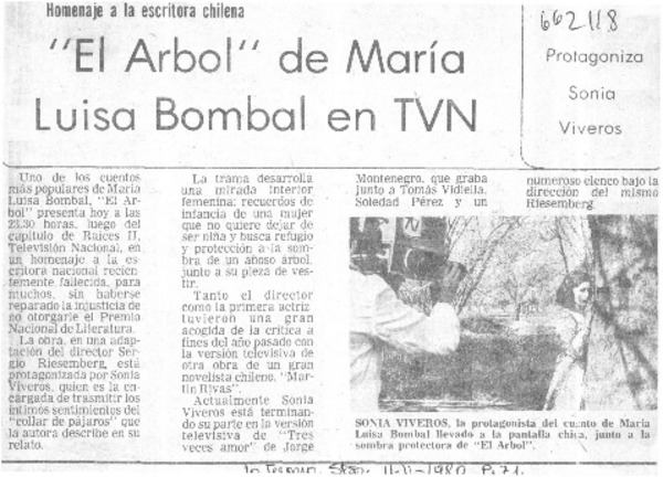 El árbol" de María Luisa Bombal en TVN.  [artículo]