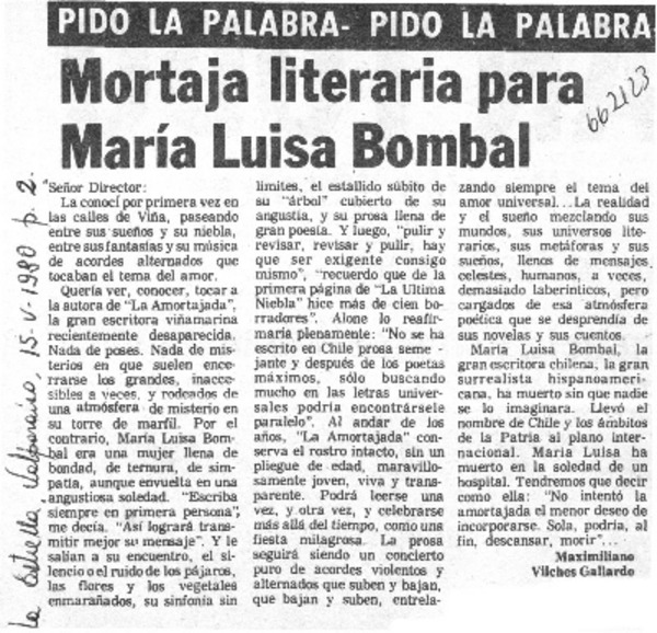 Mortaja literaria para María Luisa Bombal  [artículo] Maximiliano Vilches Gallardo.