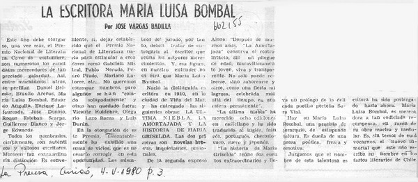 La escritora María Luisa Bombal  [artículo] José Vargas Badilla.