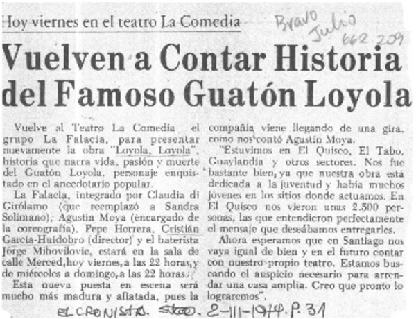 Vuelven a contar historia del famoso Guatón Loyola.  [artículo]