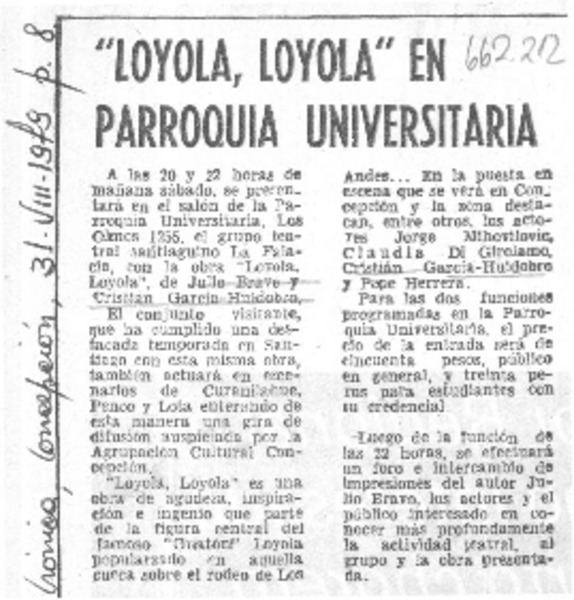 "Loyola,Loyola" en parroquia universitaria.  [artículo]
