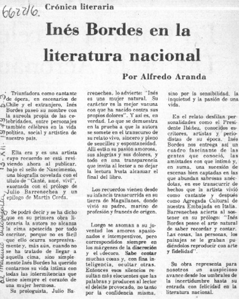 Inés Bordes en la literatura nacional