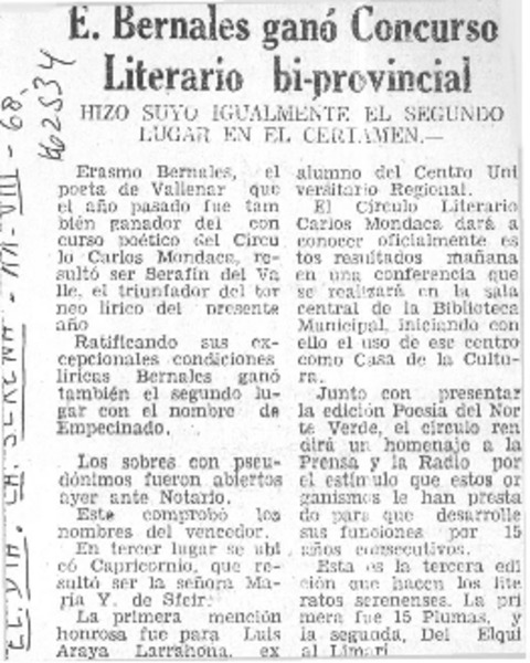 E. Bernales ganó concurso literario bi-provincial.  [artículo]