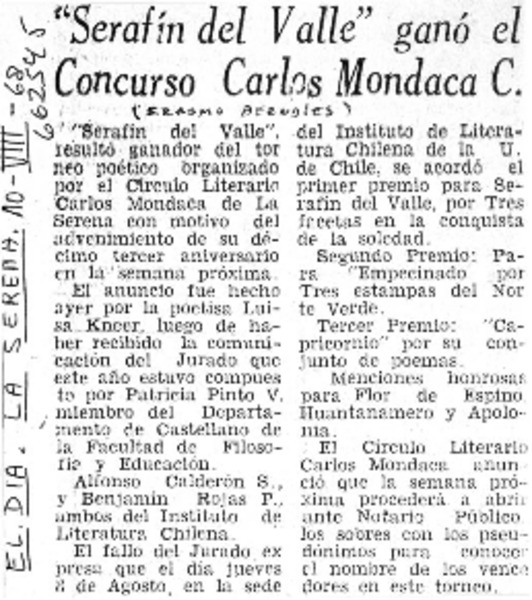 Serafín del Valle" ganó el Concurso Carlos Mondaca C.  [artículo] Erasmo Bernales.