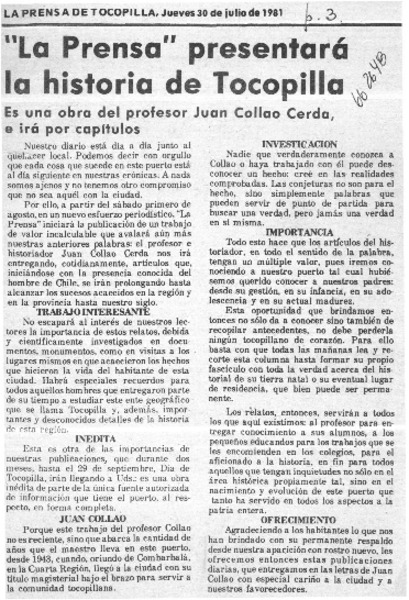 La Prensa" presentará la historia de Tocopilla.  [artículo]