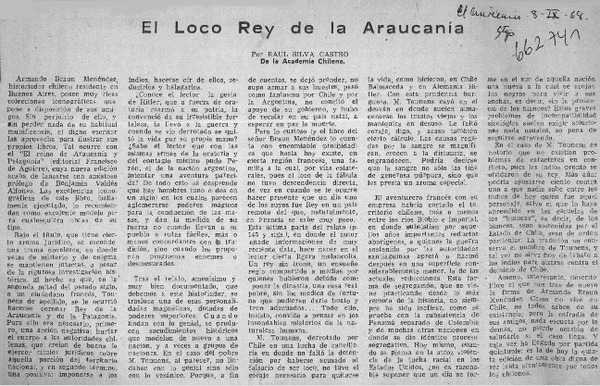 El loco rey de la Araucanía  [artículo] Raúl Silva Castro.