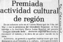 Premiada actividad cultural de región  [artículo] Enrique Skinner Zavala.