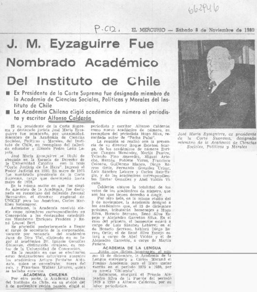 J. M. Eyzaguirre fue nombrado Académico del Instituto de Chile.