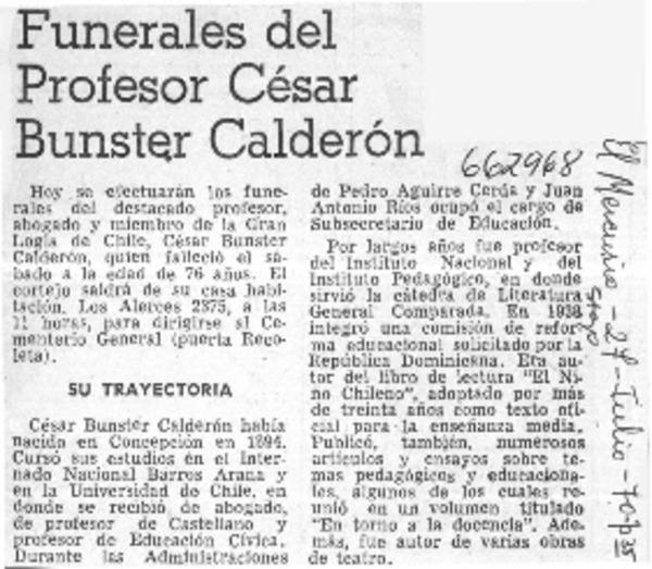 Funerales del profesor César Bunster Calderón.  [artículo]
