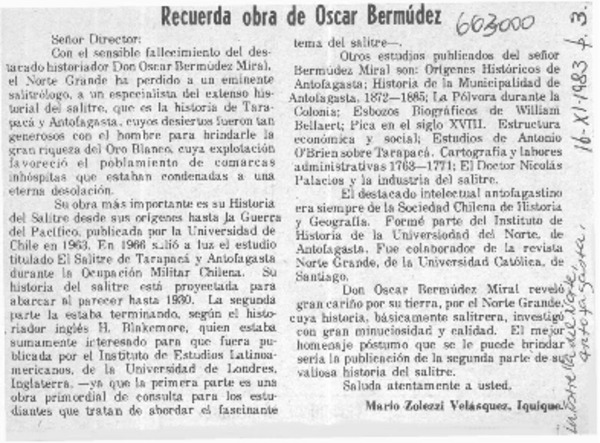 Recuerda obra de Oscar Bermúdez Miral  [artículo] Mario Zolezzi Velásquez.