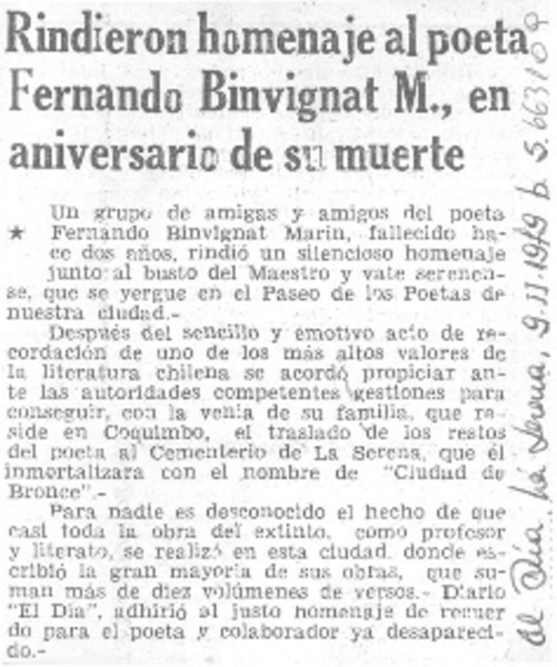 Rindieron homenaje al poeta Fernando Binvignat M., en aniversario de su muerte.