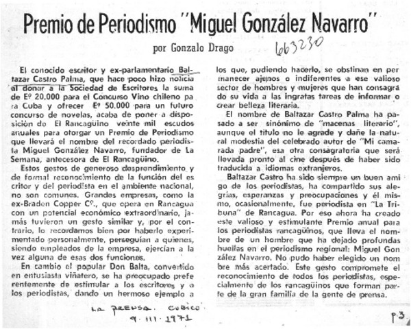 Premio de periodismo: "Miguel González Navarro"  [artículo] Gonzalo Drago.