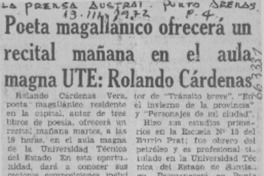 Poeta magallánico ofrecerá un recital mañana en el aula magna UTE, Rolando Cárdenas.  [artículo]
