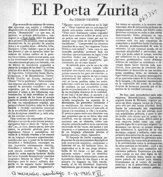 El poeta Zurita  [artículo] Ignacio Valente.