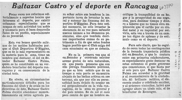 Baltazar Catro y el deporte en Rancagua.  [artículo]