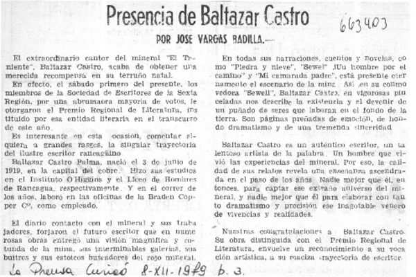 Presencia de Baltazar Castro  [artículo] José Vargas Badilla.