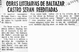 Obras literarias de Baltazar Castro serán reeditadas.  [artículo]