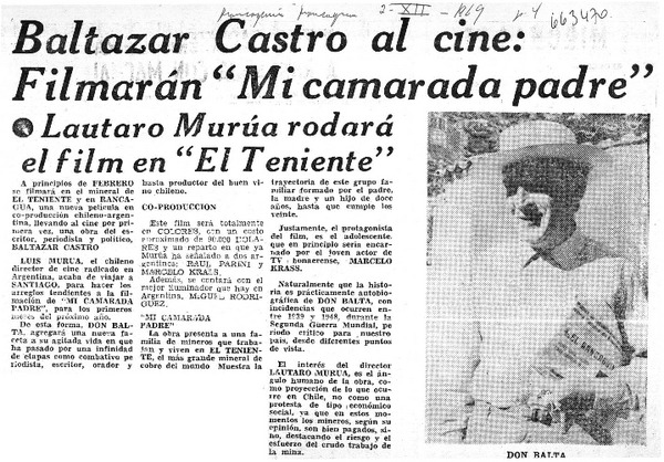 Baltazar Castro al cine, filmarán "Mi camarada padre".  [artículo]