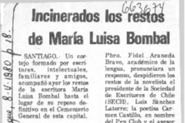 Incinerados los restos de María Luisa Bombal.  [artículo]