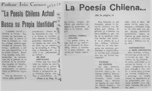 La poesía chilena actual busca su propia identidad".  [artículo]