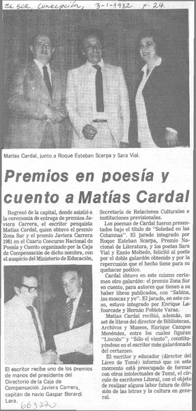 Premios en poesía y cuento a Matías Cardal.