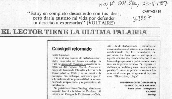 Cassigoli retornado  [artículo] Waldemar Cortés Carabantes <y> Gustavo Galarce Marambio.