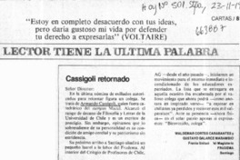 Cassigoli retornado  [artículo] Waldemar Cortés Carabantes <y> Gustavo Galarce Marambio.