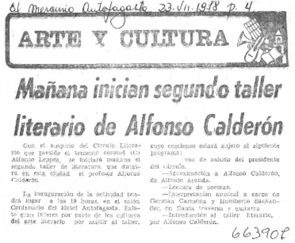 Mañana inician segundo taller literario de Alfonso Calderón.