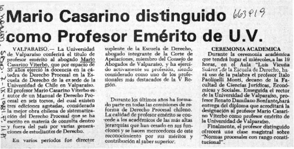 Mario Casarino distinguido como profesor emérito de U. V.  [artículo]