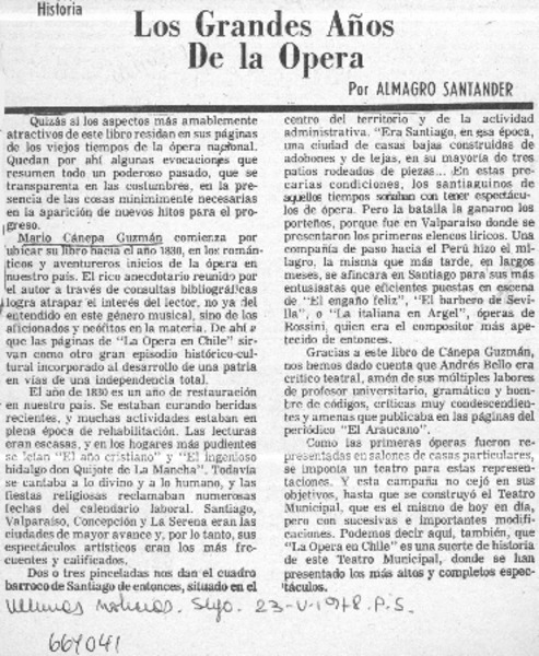 Los grandes años de la ópera  [artículo] Almagro Santander.