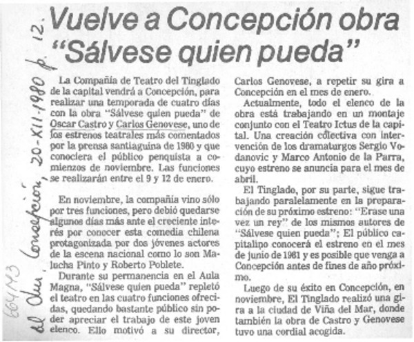 Vuelve a Concepción obra "Sálvese quien pueda".