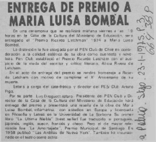 Entrega de premio a María Luisa Bombal.  [artículo]
