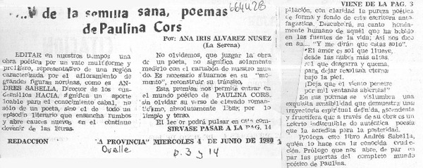 Y de la semilla sana, poemas de Paulina Cors  [artículo] Ana Iris Alvarez Núñez.