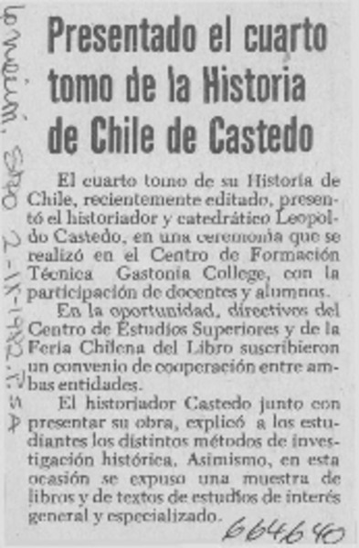 Presentado el cuarto tomo de la Historia de Chile de Castedo.