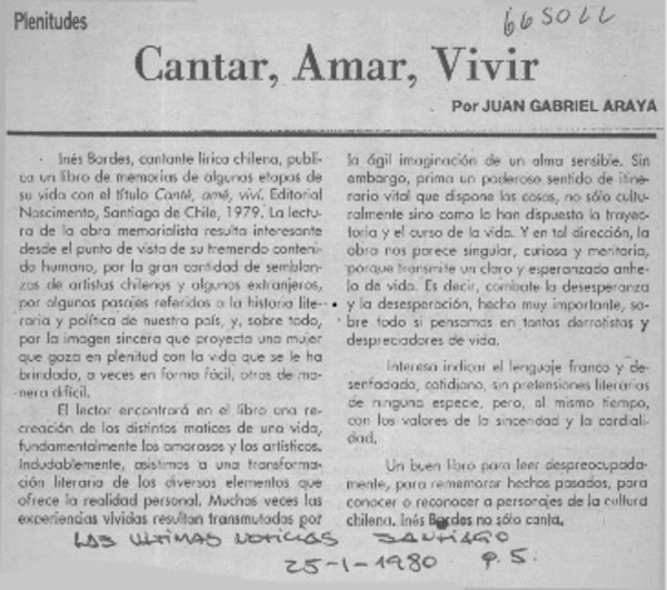 Cantar, amar, vivir  [artículo] Juan Gabriel Araya.