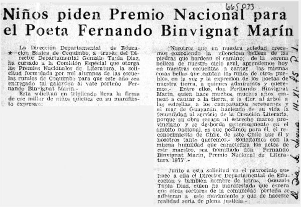 Niños piden Premio Nacional para el poeta Fernando Binvignat Marín.  [artículo]