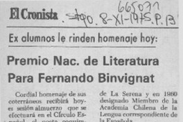 Premio Nac. de Literatura para Fernando Binvignat.  [artículo]