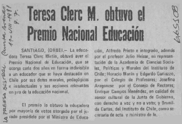 Teresa Clerc M. obtuvo el Premio Nacional de Educación.  [artículo]