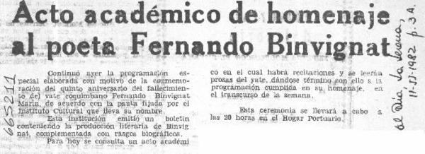 Acto académico de homenaje al poeta Fernando Binvignat.  [artículo]