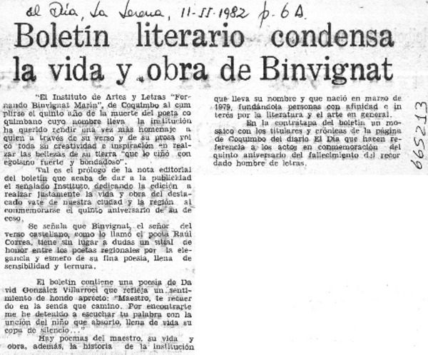 Boletín literario condensa la vida y obra de Binvignat.  [artículo]