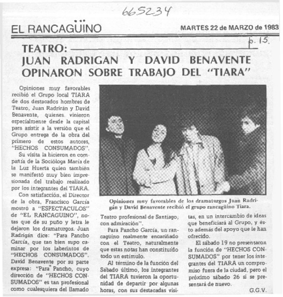 Juan Radrigán y David Benavente opinaron sobre trabajo del "Tiara"  [artículo] G. G. V.