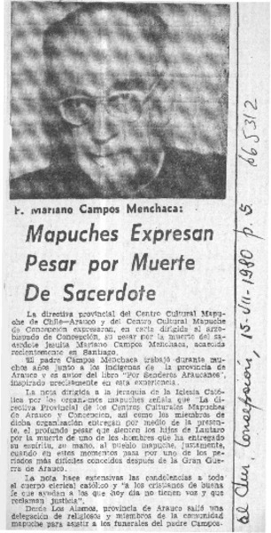 Mapuches expresan pesar por muerte de sacerdote.  [artículo]