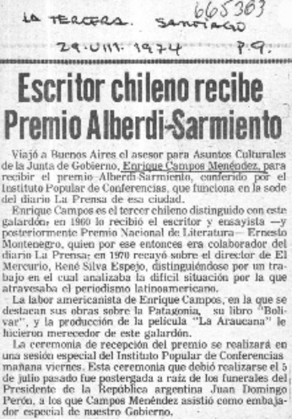 Escritor chileno recibe premio Alberdi-Sarmiento.  [artículo]