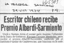 Escritor chileno recibe premio Alberdi-Sarmiento.  [artículo]