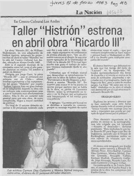 Taller "Histrión" estrena en abril "Ricardo III"